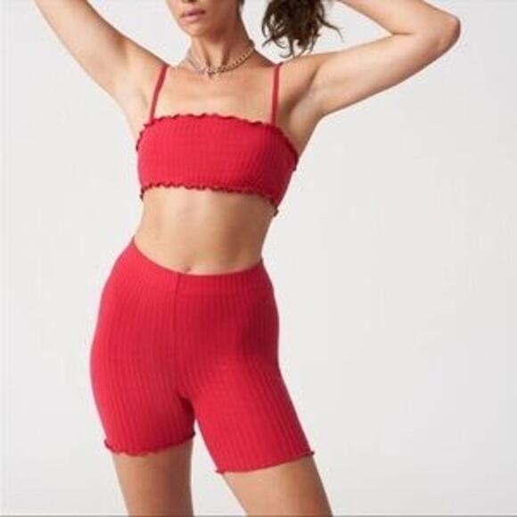 NWT Tropic of C by Candice Swanepoel Hot Pink Lettuce Edge Ribbed Biker Shorts - Picture 2 of 6